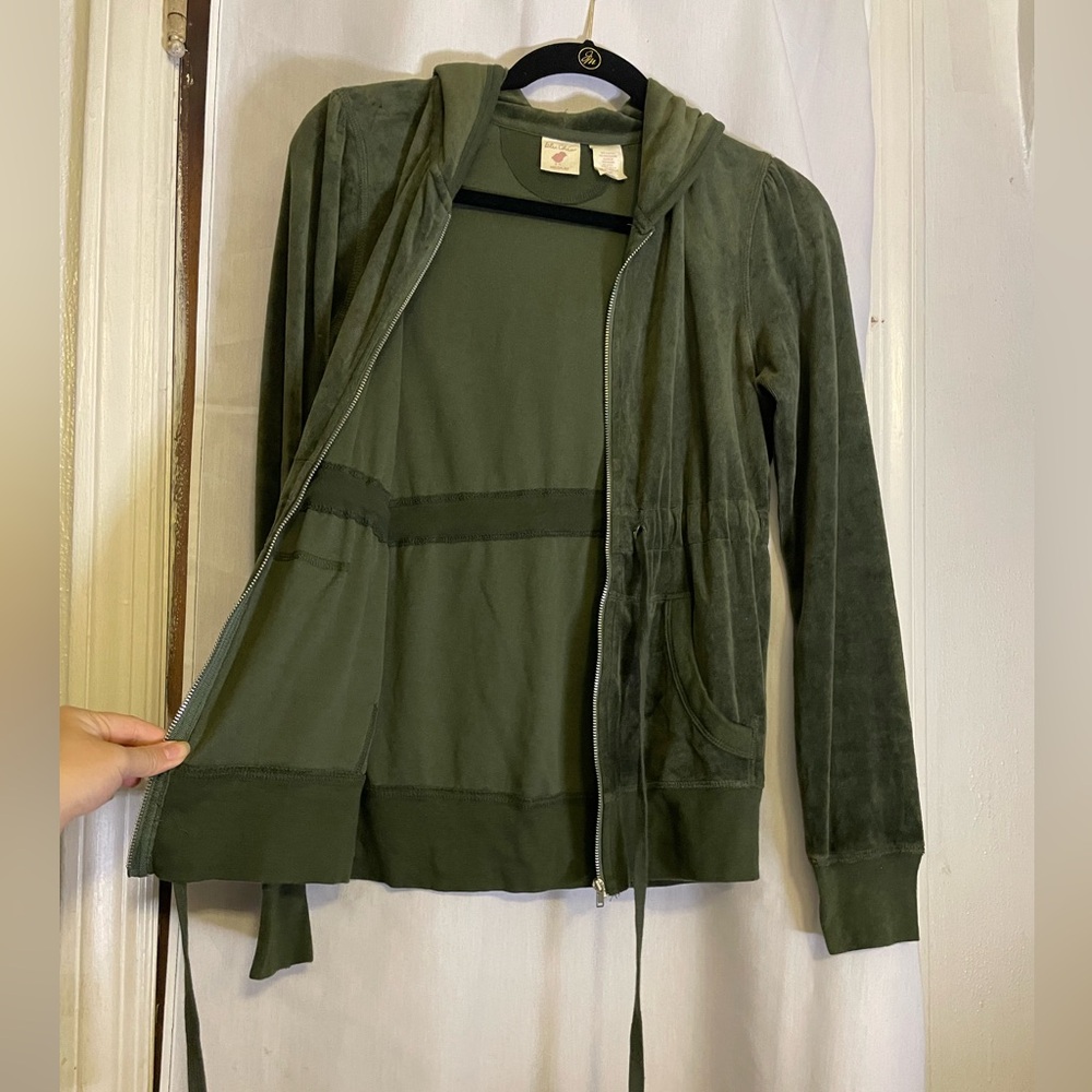 blu chic Preloved Olive Green Velour Women's Hoodie w/ Drawstring Middle Size M - Picture 4 of 10